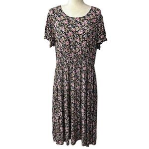 Midi Black Size XL Micro Floral Cottagecore Tiered Dress